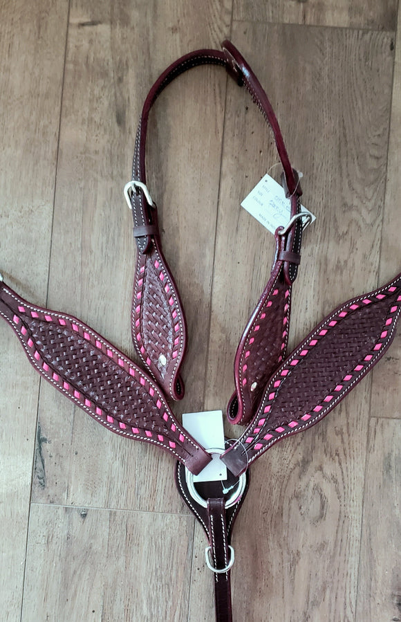 Pony Pink Buckstitch Heastall and Breast Collar